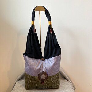 Artisan Thai Boho Bag Purple/green with black Cotton-strap Wooden Beads & Button